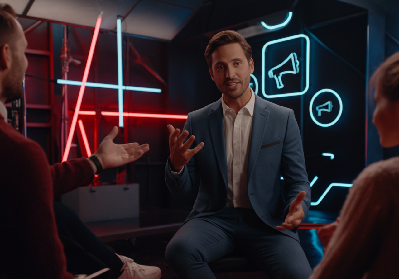 visualelectric-1744792733866 Zwei Männer und eine Frau reden miteinander